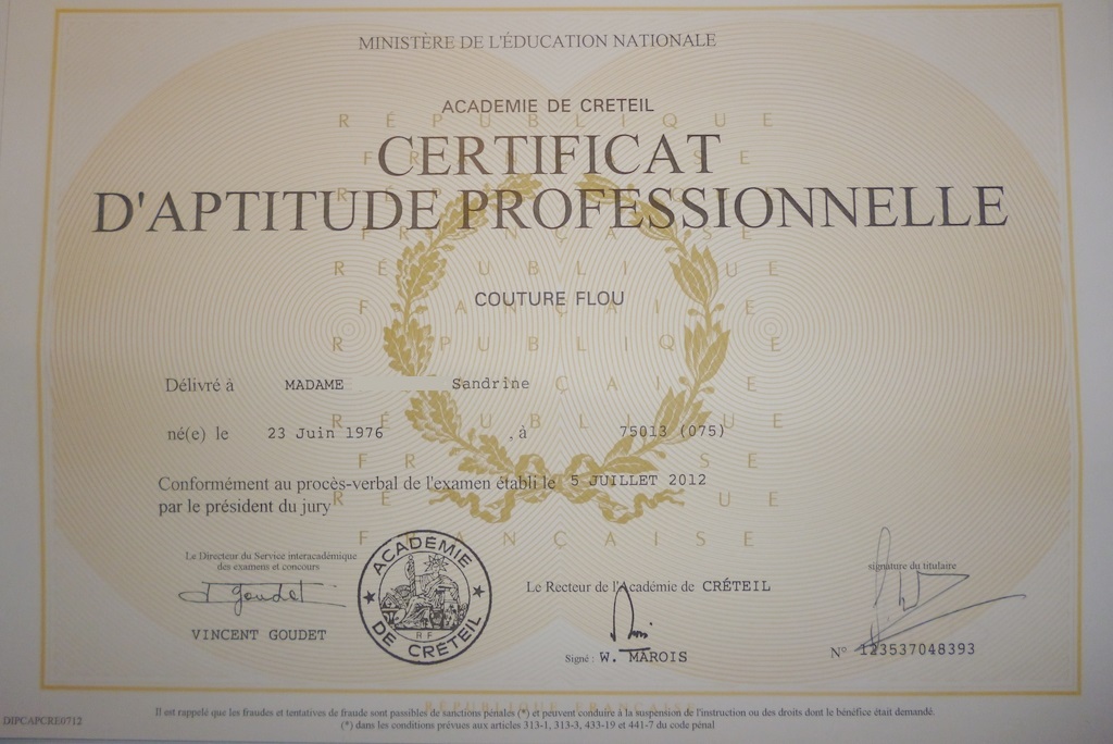 diplome cap couture